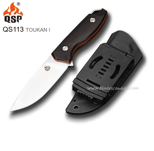 QSP Toukan I Fixed Blade Knife, G10 Black, Kydex Sheath, QS113